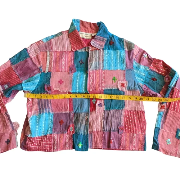 Carrie Allen Shirt Jacket Sz M Cropped Multi Color Patch Work Long Sleeve Lined - Picture 4 of 13